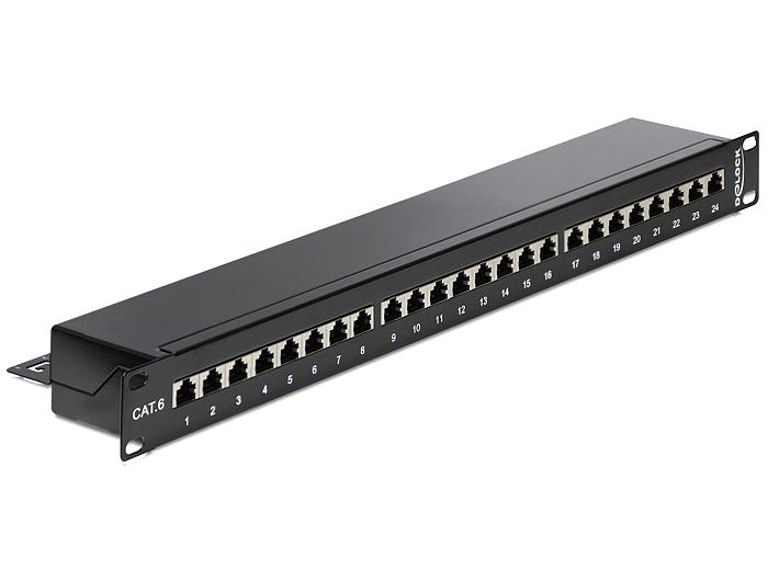 [43295] Delock Patch Panel – 24-Port shielded Cat6, 1:1 wired, Rack-mountable 19″ panel, 1U height, Black metal body