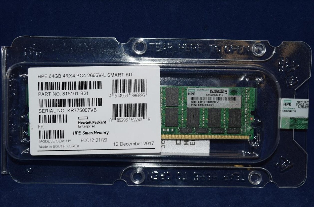 [815101-B21] HPE 64GB (1x64GB) Quad Rank x4 DDR4-2666 CAS-19-19-19 Load Reduced Smart Memory Kit