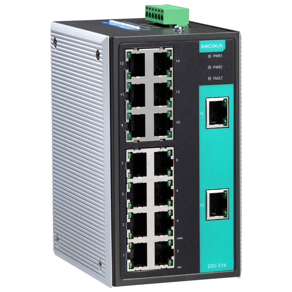 Moxa 16‑Port Industrial Unmanaged Ethernet Switch –  15×10/100 RJ‑45 + 1×100 Mbps Multi‑Mode ST Fiber,  Relay Alarm