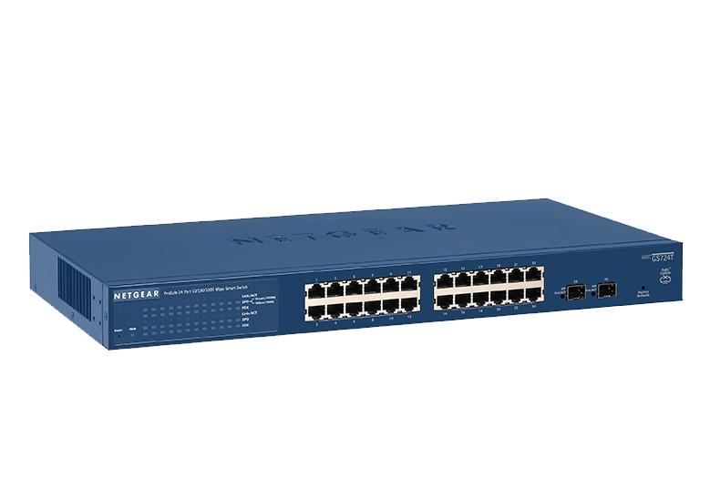 Netgear Smart Managed Pro Switch – 24× Gigabit PoE+ (190 W budget), 4× Gigabit SFP uplinks, L2+/Lite L3 features, Rack-mount 1U, Fan-cooled