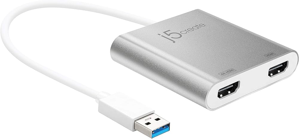 j5create Adapter – USB 3.0 to Dual HDMI Multi-Monitor Adapter, 4K 30Hz + 2048×1152 60Hz, 2× HDMI, Bus-powered, Hot-swap, Silver