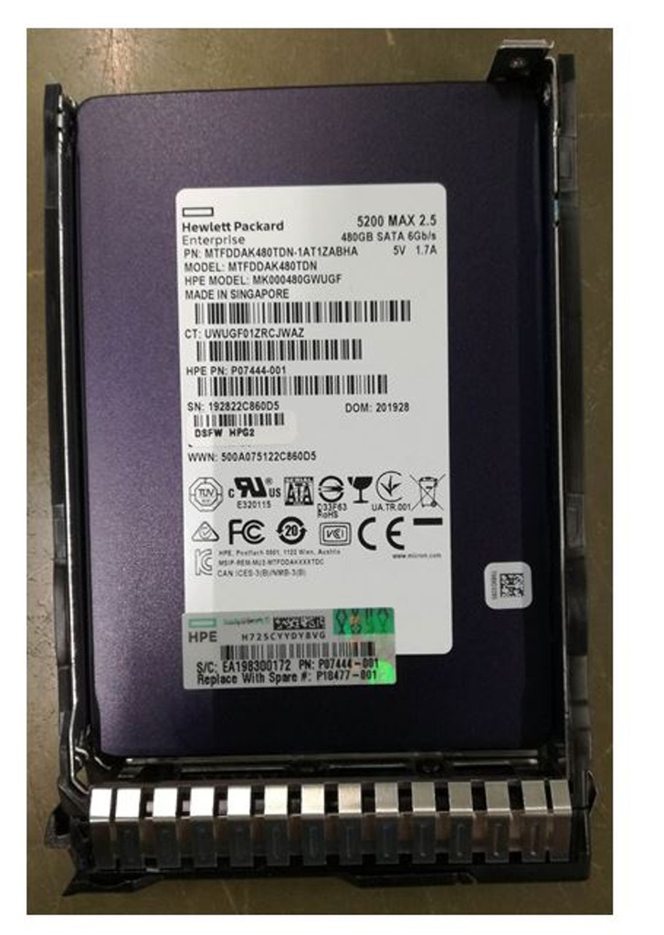 HPE 480 GB Mixed-Use SATA SSD – SATA 6 Gb/s • 2.5″ SFF Smart Carrier • ~520 MB/s read • ~445 MB/s write • ~66 000 IOPS random read / ~29 000 IOPS random write • 7 mm height