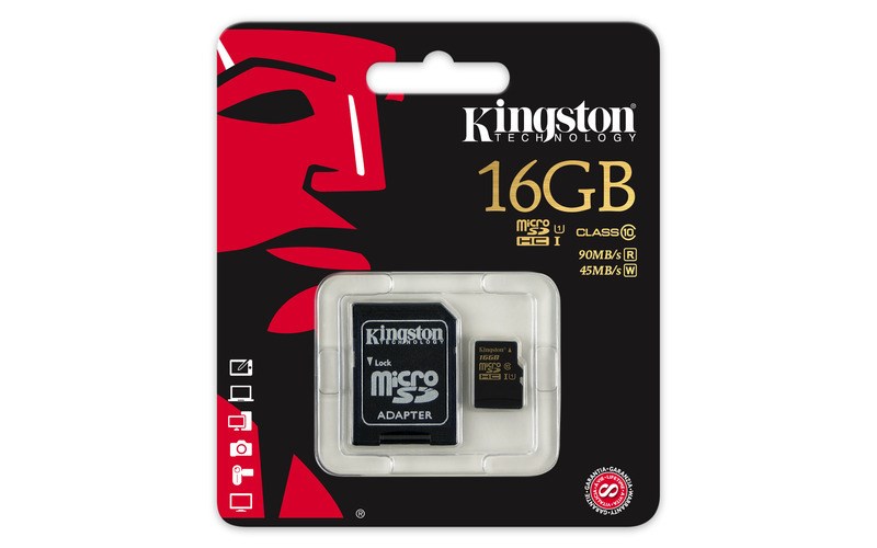 Kingston 16 GB microSDHC Card – Class 10 UHS-I flash memory with SD adapter