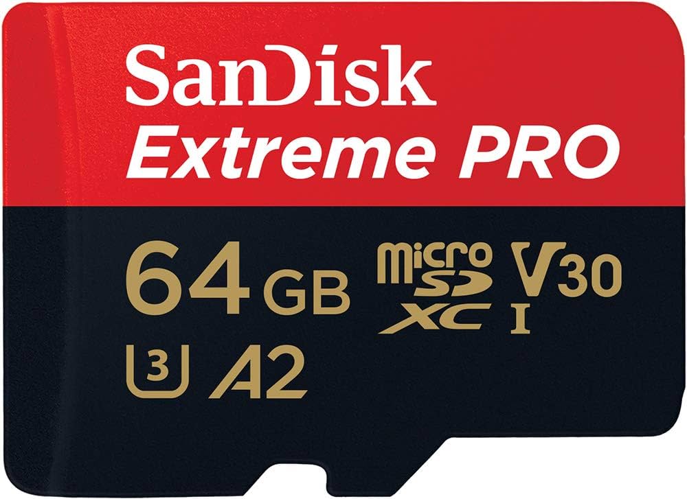 SanDisk Extreme PRO 64 GB microSDXC Card – UHS-I U3 A2 V30 flash memory with 4K UHD support (with adapter)